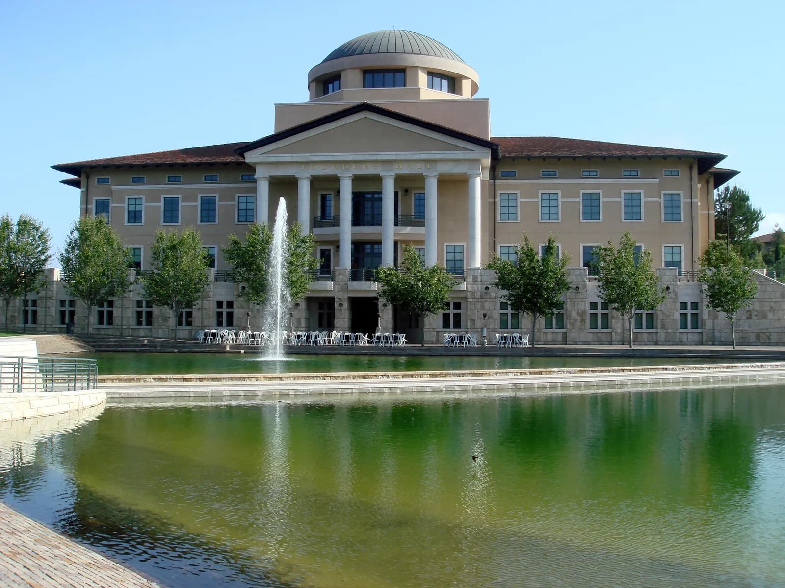 Soka University Founders Hall and lake in Aliso Viejo