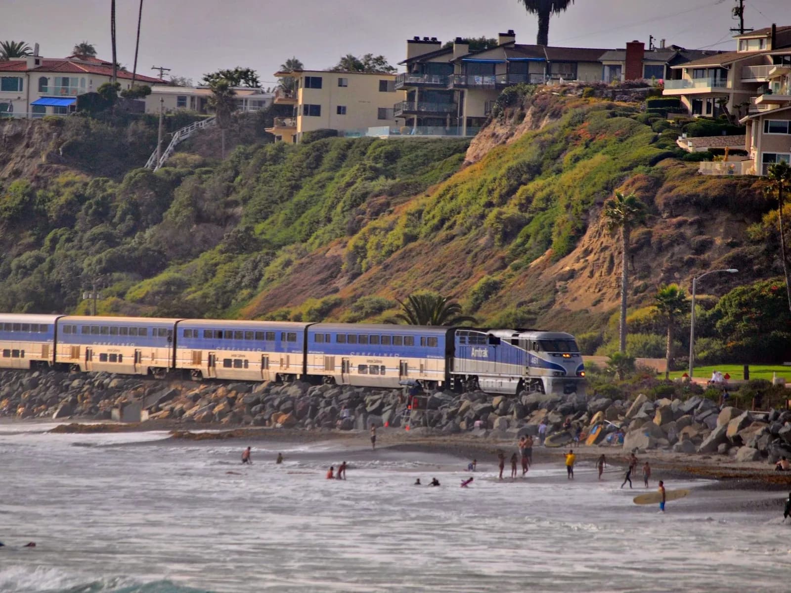Pacific Surfliner passing the beach in San Clemente