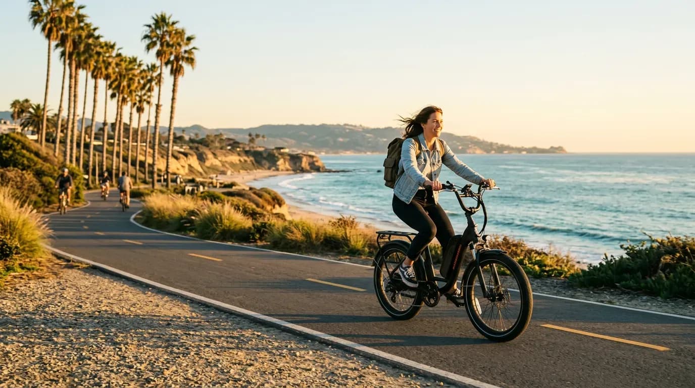 E-bike rider on a California coastal bike path