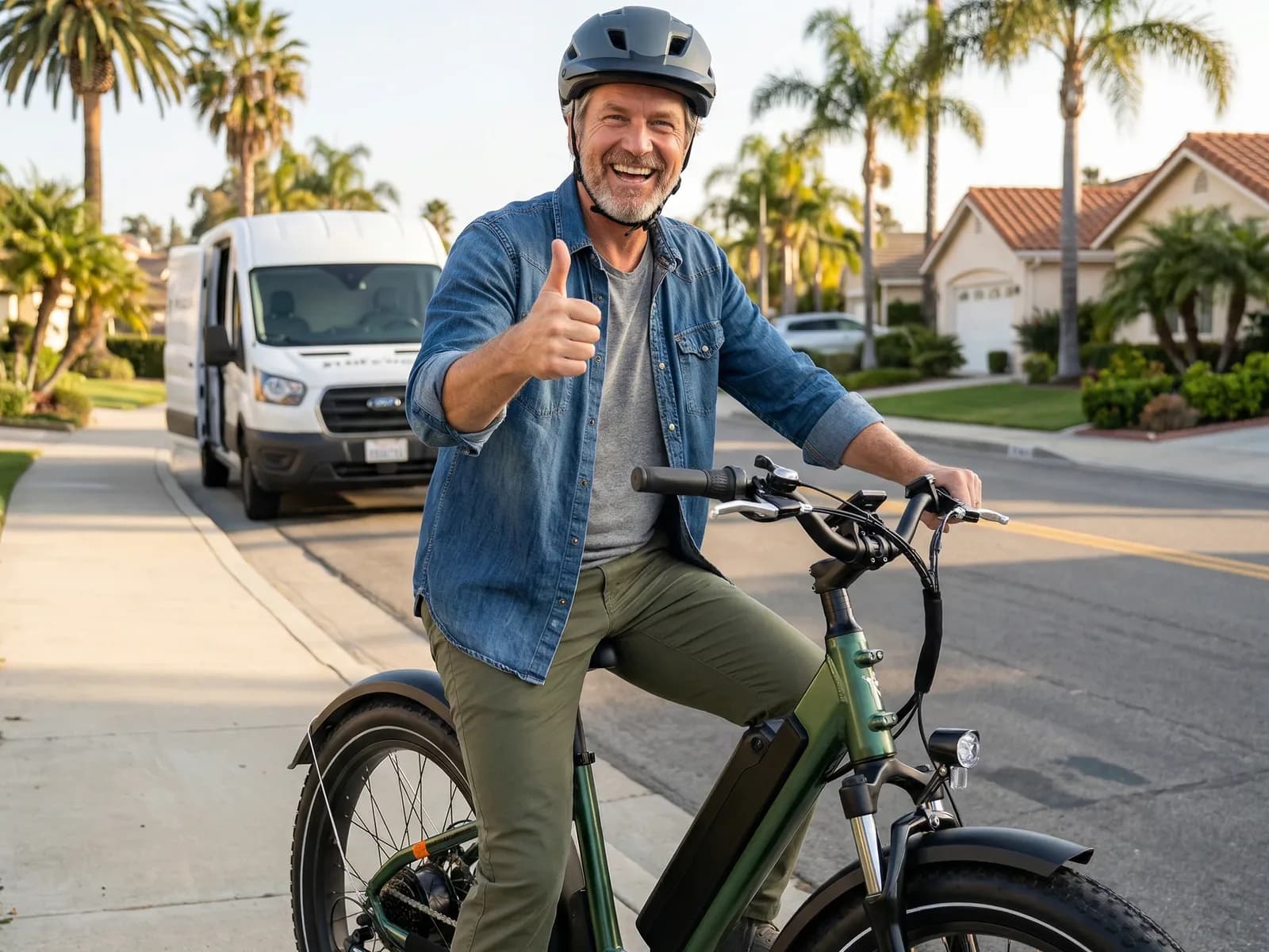 Smiling rider giving a thumbs-up on a green e-bike on a sunny Orange County street